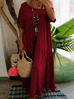 Women Asymmetrical Neckline Short Sleeve Solid Cotton Casual Tiered Maxi Dress