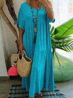 Women Asymmetrical Neckline Short Sleeve Solid Cotton Casual Tiered Maxi Dress