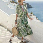 Women Green Botanical Leaf Print Round Neck Short SleeveCasual Ankle Length Midi Dress
