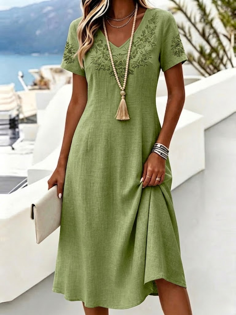 Women Vintage Vacation Floral 3D Embroidered V Neck Short Sleeve A-Line Midi Dress