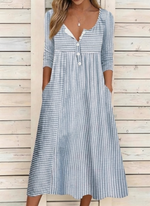 Blue Striped Henley Neck 3/4 Sleeve A-Line Midi Dress With Side Pockets