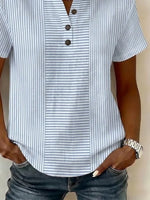 Blue Striped Print Henley V Neck Short Sleeve Casual Summer Women's Shirt