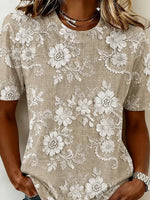 Khaki Vintage 3D Floral Print Crew Neck Short Sleeve Casual T-shirt