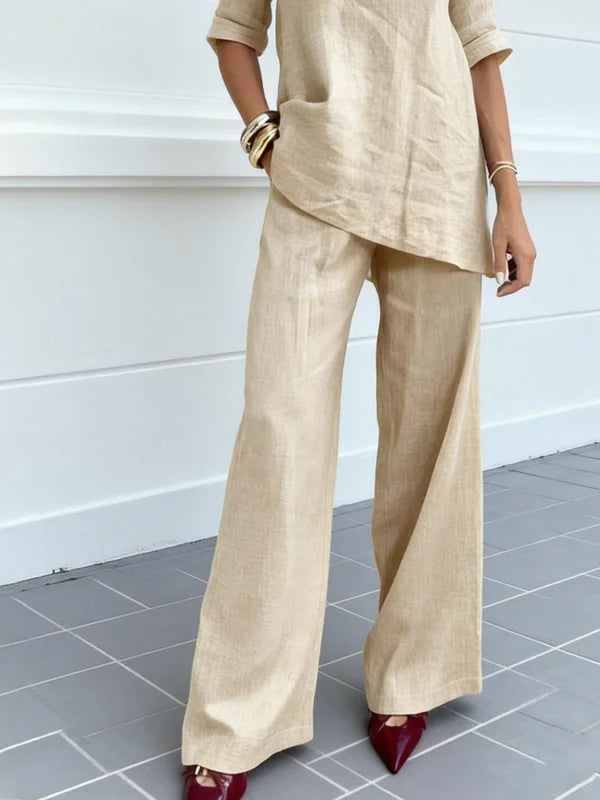 Apricot Plain V Neck Half Sleeve Polyester Two-Piece Summer Set