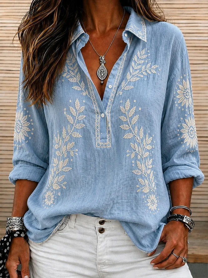 Shawl Collar Floral Embroidery Long Sleeve Casual Blouse For Women