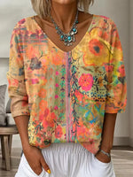 Casual Floral Abstract V Neck Three Quarter Sleeve T-shirt