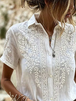 White Floral Embroidery Lapel Loose Short Sleeve Button Down Casual Shirt