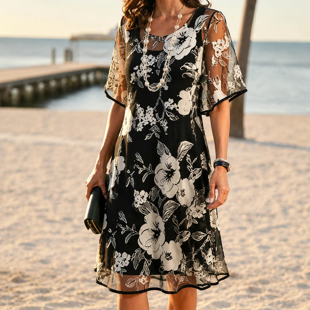 Solenya Women Black Floral Chiffon Midi Dress, Layered Sheer Mesh Overlay Flutter Short Sleeve Casual Summer Dress