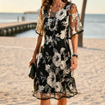 Solenya Women Black Floral Chiffon Midi Dress, Layered Sheer Mesh Overlay Flutter Short Sleeve Casual Summer Dress