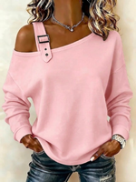 Women Casual Asymmetrical Off Shoulder Buckle Long Sleeve Sweatshirt