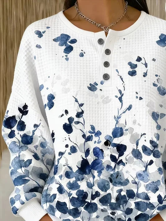 Women Crew Neck Watercolor Floral Print Henley Waffle Sweatshirt