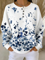 Women Crew Neck Watercolor Floral Print Henley Waffle Sweatshirt