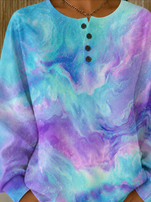 Women Henley Collar Galaxy Ombre Abstract Print Long Sleeve Sweatshirt