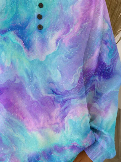 Women Henley Collar Galaxy Ombre Abstract Print Long Sleeve Sweatshirt