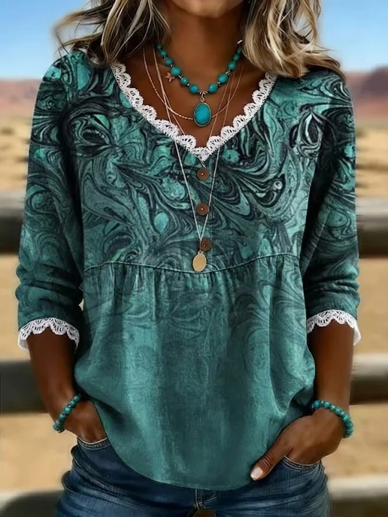 Women V Neck Lace Trim Abstract Print Half Sleeve Casual Summer Blouse