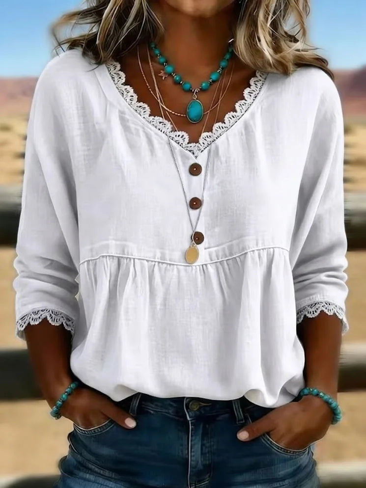 Women V Neck Plain Lace Edge Half Sleeve Casual Summer Blouse