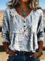 Women V Neck Floral Print Lace Edge Half Sleeve Casual Summer Blouse