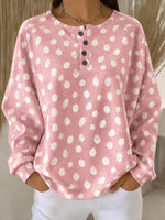 Women Pink Polka Dot Print Henley Neck Long Sleeve Casual Sweatshirt