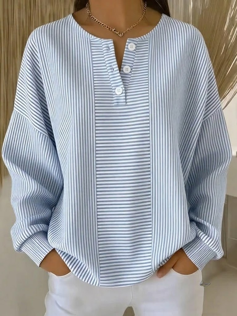 Casual Striped Notch V-Neck Long Sleeve T-shirt