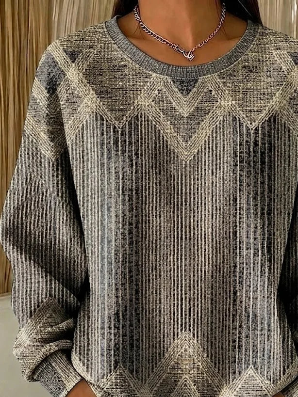 Women Brown Abstract Chevron Print Crew Neck Casual Sweatshirt