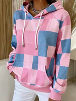 Women Pink Blue Plaid Color Block Hooded Casual Sweatshirt
