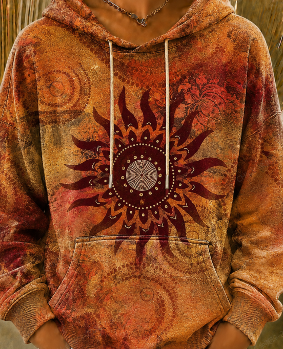 Women Bohemian Sun Mandala Print Orange Washed Hooded Sweatshirt
