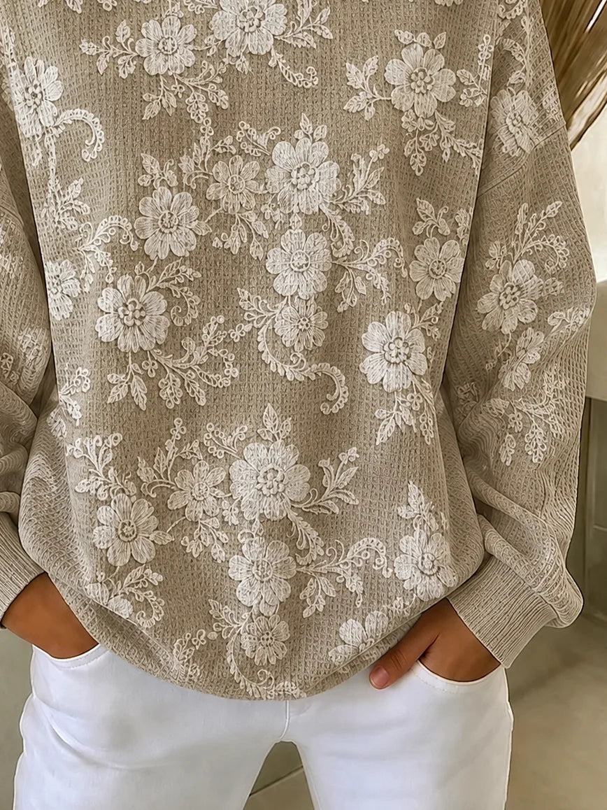 Women Khaki Lace Floral Print Crew Neck Long Sleeve Sweatshirt