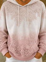Women Pink White Gradient Lace Floral Embossed Hooded Sweatshirt
