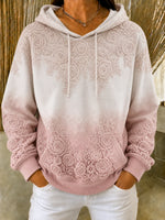 Women Pink White Gradient Lace Floral Embossed Hooded Sweatshirt