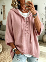 Women Pink Lace Up Front Half Sleeve Loose Knit Hooded Sweater