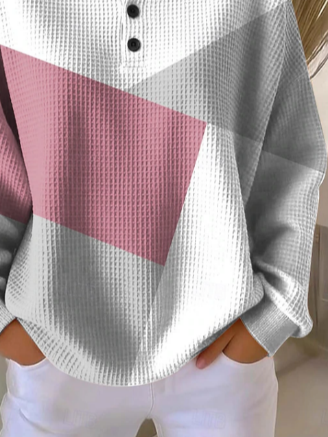 Waffle Knit Chevron Color Block Henley Placket Button Detail Long Sleeve Casual Daily Pullover Sweatshirt