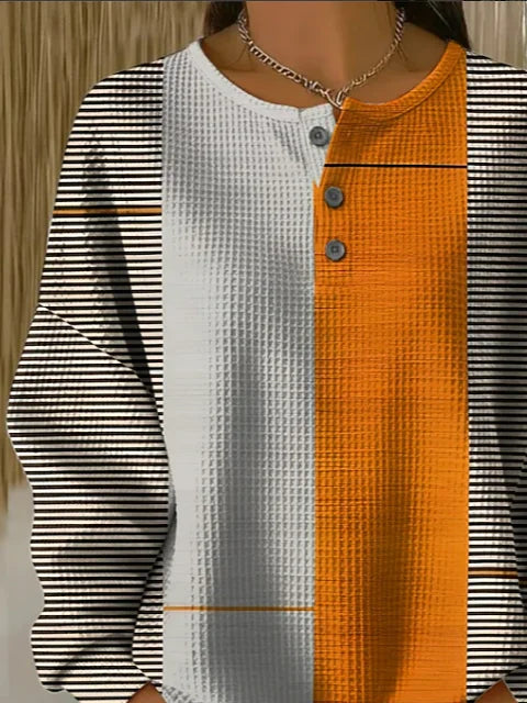 Waffle Knit Stripe Color Block Henley Button Crew Neck Long Sleeve Abstract Print Casual Pullover Sweatshirt
