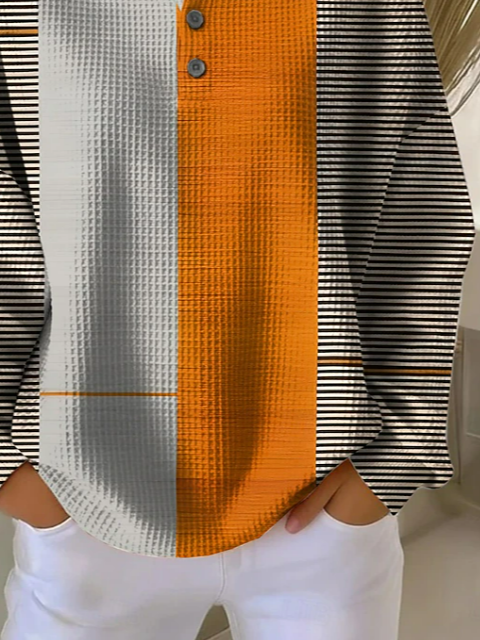 Waffle Knit Stripe Color Block Henley Button Crew Neck Long Sleeve Abstract Print Casual Pullover Sweatshirt