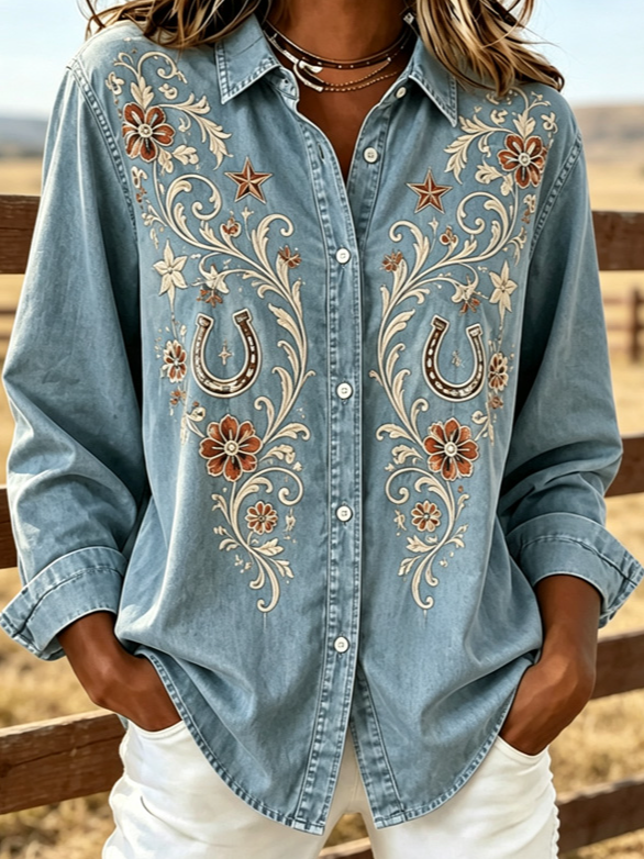 Vintage Floral Embroidered Denim Shirt