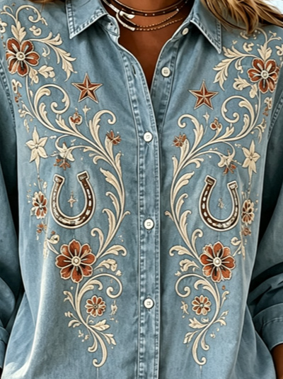 Vintage Floral Embroidered Denim Shirt
