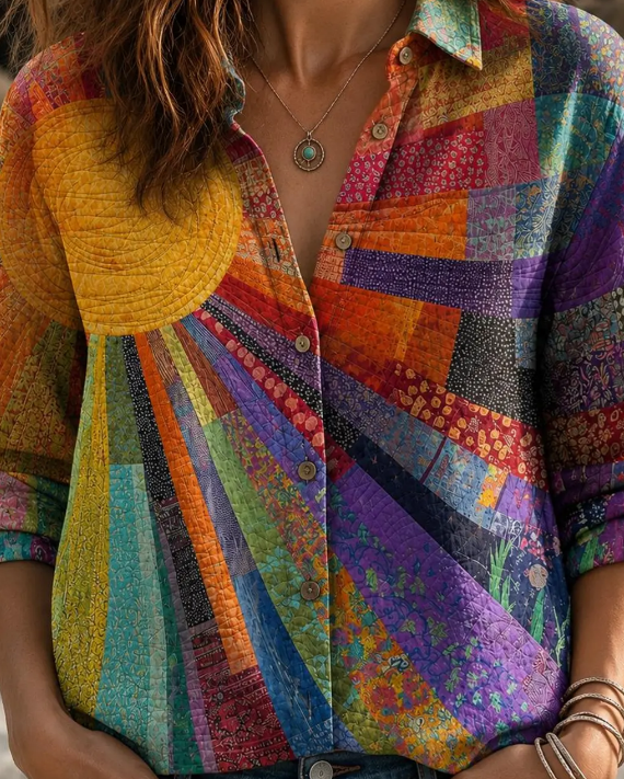 Vintage Sun Moon Ethnic Patchwork Print Long Sleeve Button Down Shirt