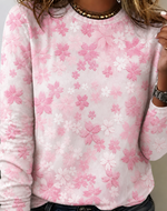 Pink Cherry Blossom Print Crew Neck Long Sleeve Top