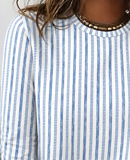 Casual Blue Striped Crew Neck Long Sleeve T-shirt