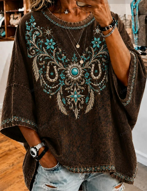 Brown Vintage Ethnic Embroidery Half Sleeve Loose Blouses