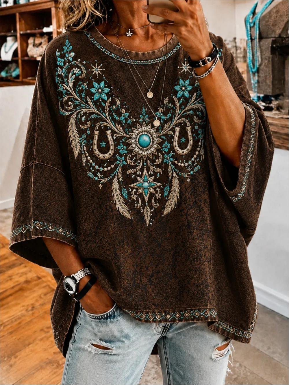 Brown Vintage Ethnic Embroidery Half Sleeve Loose Blouses