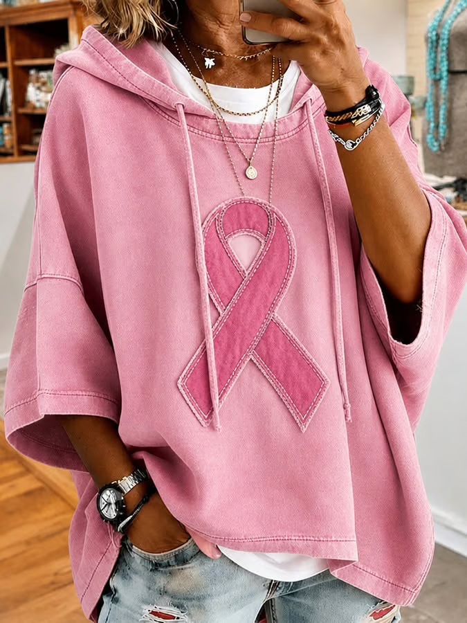 Pink Ribbon Abstract Print Half Sleeve Loose Hoodie