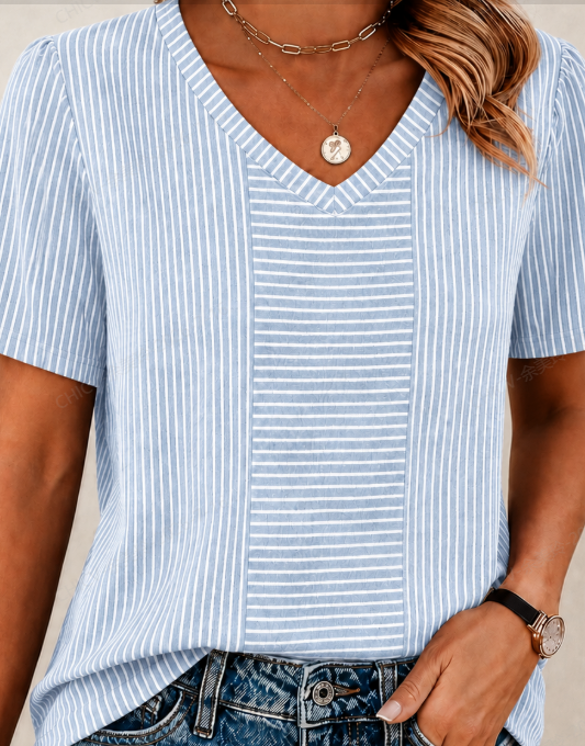 Vintage Striped V Neck Short Sleeve T-shirt