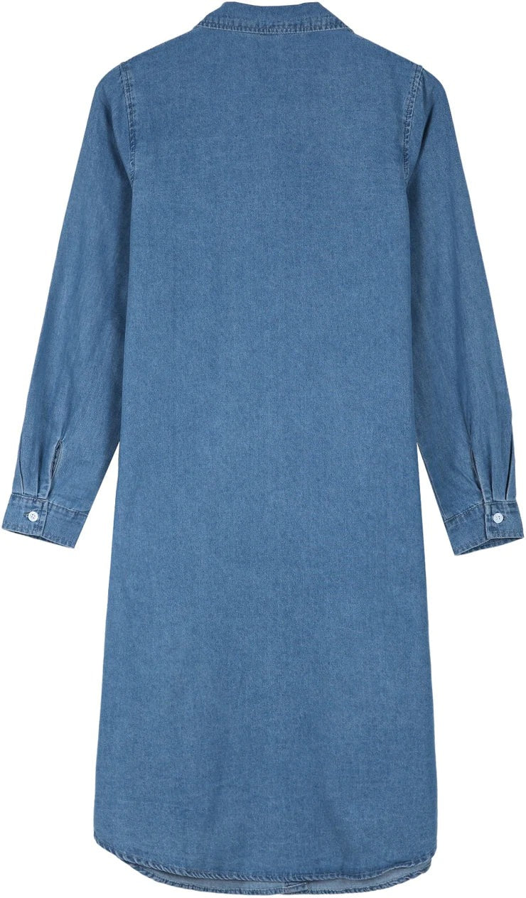 Chambray Denim Lapel Button Front Blouse Midi Dress