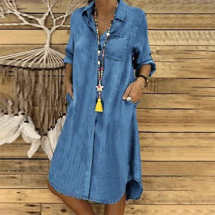 Chambray Denim Lapel Button Front Blouse Midi Dress