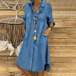Chambray Denim Lapel Button Front Blouse Midi Dress