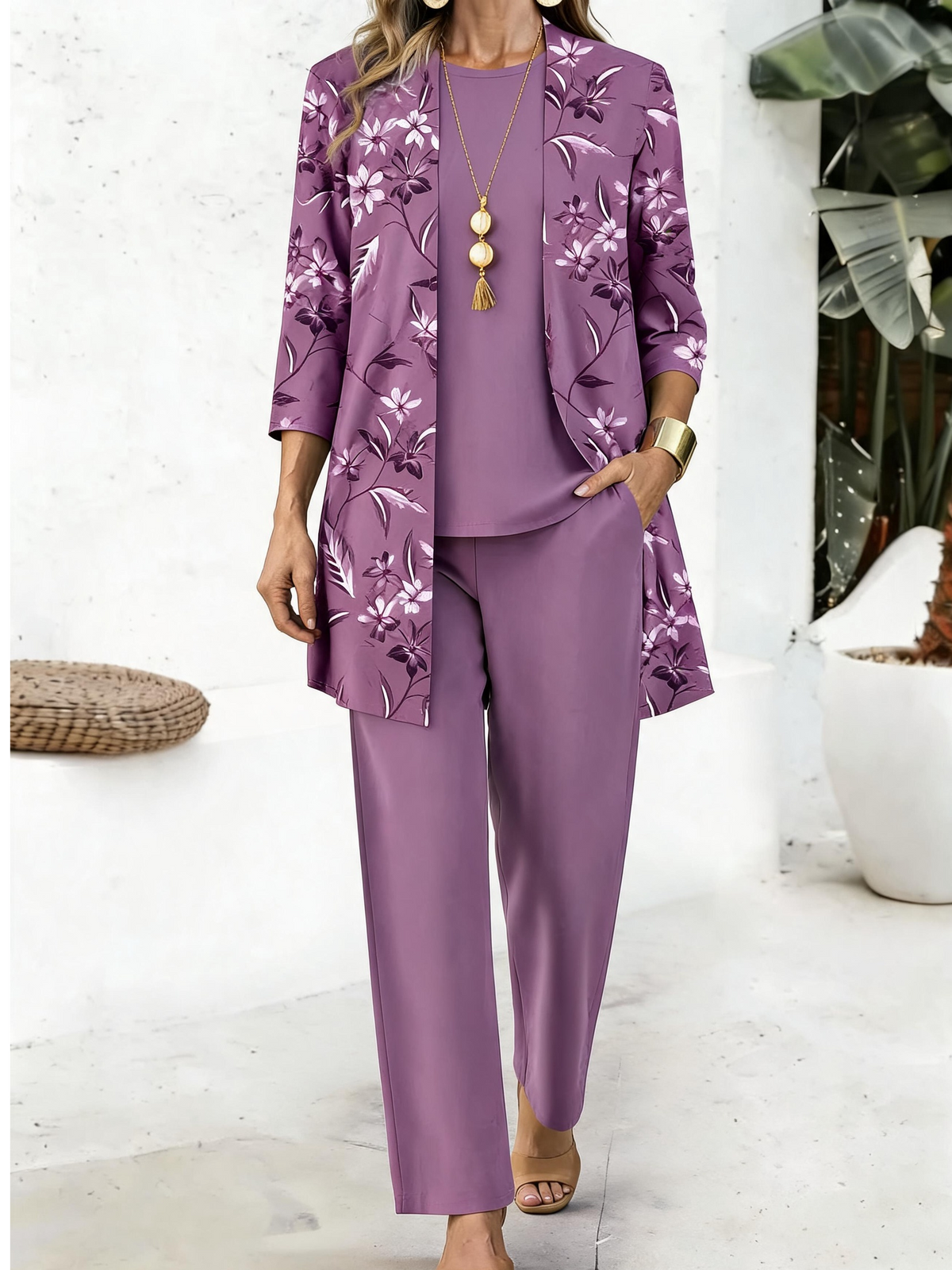 Women Floral Print Long Sleeve Casual Spring/Fall Multi-Piece Set Matching Set