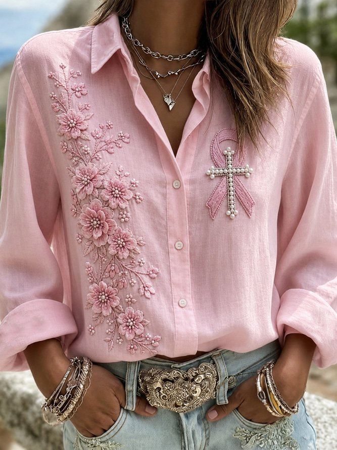 Shawl Collar Long Sleeve Floral Print Lightweight Regular Fit Shirt For Women
