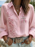 Shawl Collar Long Sleeve Floral Print Lightweight Regular Fit Shirt For Women