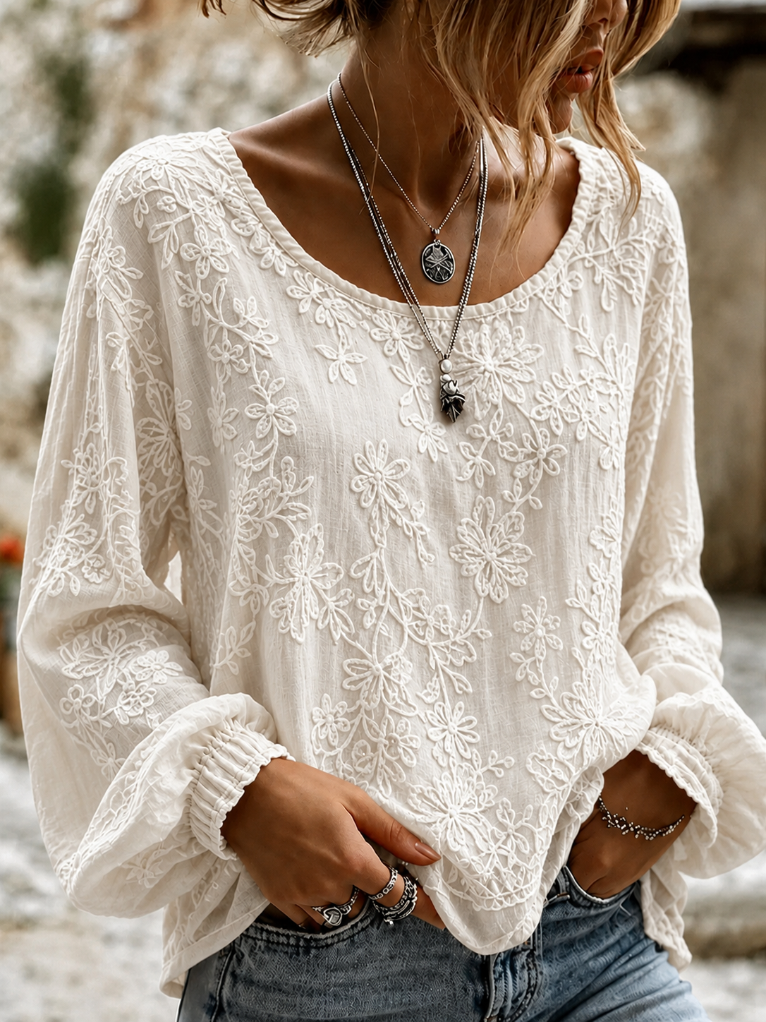Solid Crew Neck Long Sleeve Floral Printing Lightweight Micro-Elasticity Loose Blouse For Women