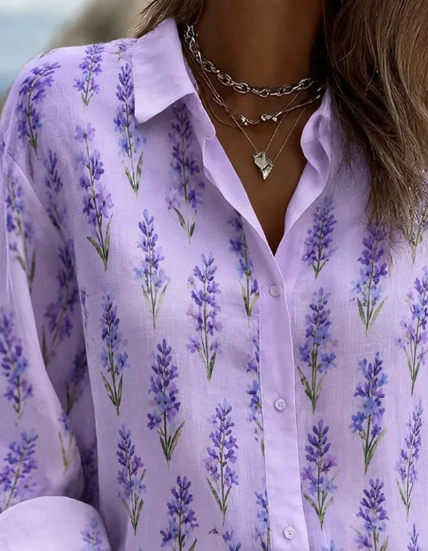 Vintage Shirt Collar Long Sleeve Floral Printing Regular Micro-Elasticity Loose Shirt For Women